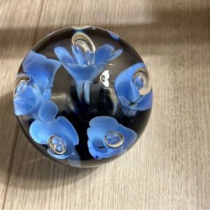 Joe Rice St. Clair Art Glass Paperweight Blue Floral Design in Clear Glass
